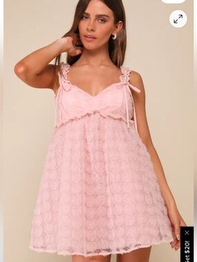 Lulu’s Pretty Sweetheart Pink Tulle Applique Bow Babydoll Mini Dress NWT